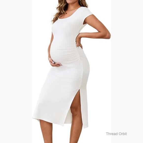 Dresses & Skirts - Maternity Bodycon Dress Ruched Ribbed Knit Split Midi Casual